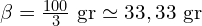 \beta=\frac{100}{3} \text{ gr} \simeq 33,33 \text{ gr}